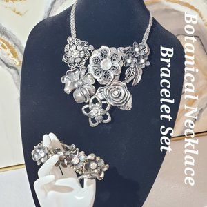 Chunky Metal Crystal Glass Botanical Bib Statement Necklace Strect Bracelet Set